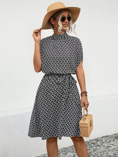 Tied Printed Mock Neck Short Sleeve Dress - AngelMar Fashion