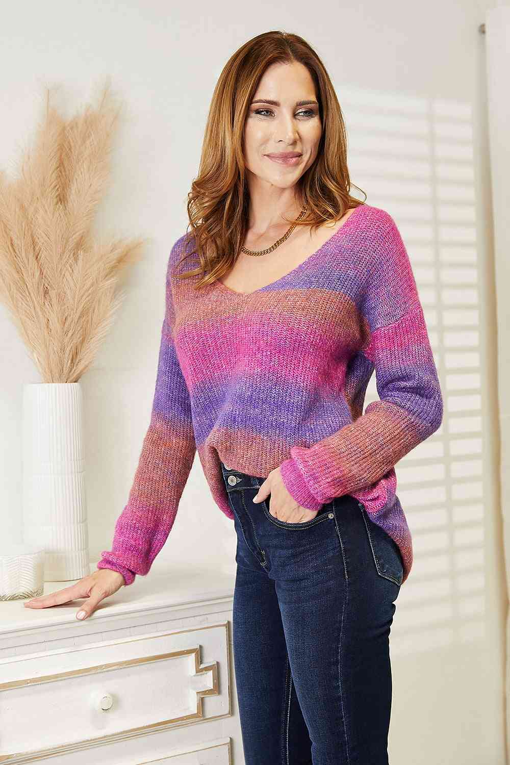 Double Take Multicolored Rib-Knit V-Neck Knit Pullover - AngelMar Fashion