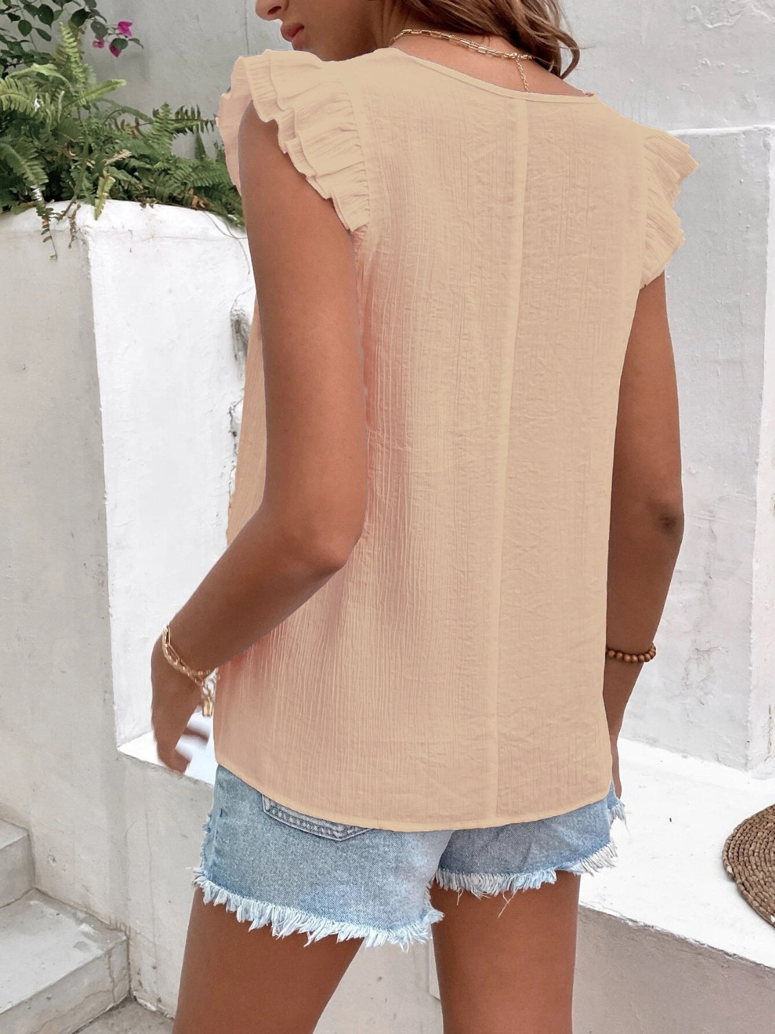 Ruffled V-Neck Cap Sleeve Blouse - AngelMar Fashion