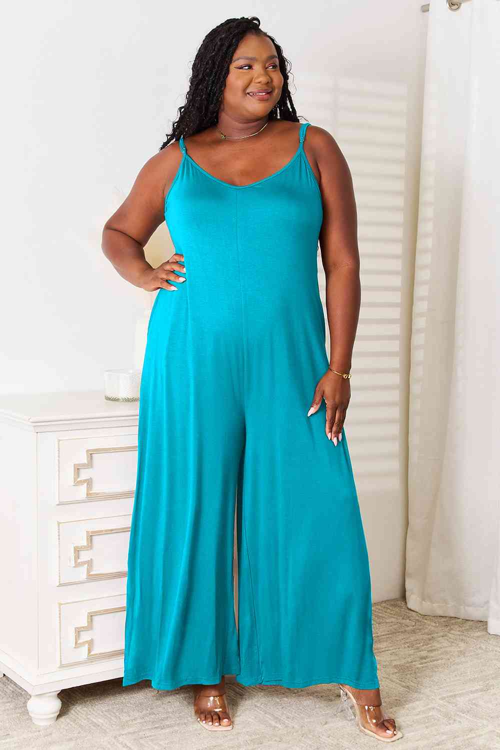 Double Take Full Size Soft Rayon Spaghetti Strap Tied Wide Leg Jumpsuit - AngelMar Fashion