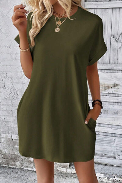 Pocketed Round Neck Short Sleeve Dress - AngelMar Fashion