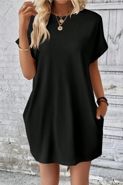 Pocketed Round Neck Short Sleeve Dress - AngelMar Fashion