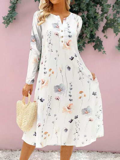 Floral Notched Long Sleeve Midi Dress - AngelMar Fashion