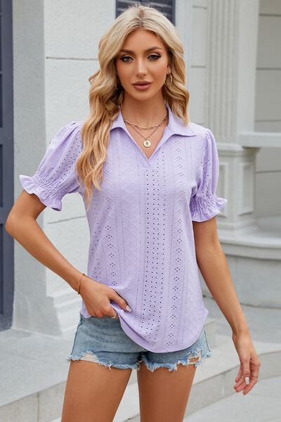 Eyelet Johnny Collar Short Sleeve Blouse - AngelMar Fashion