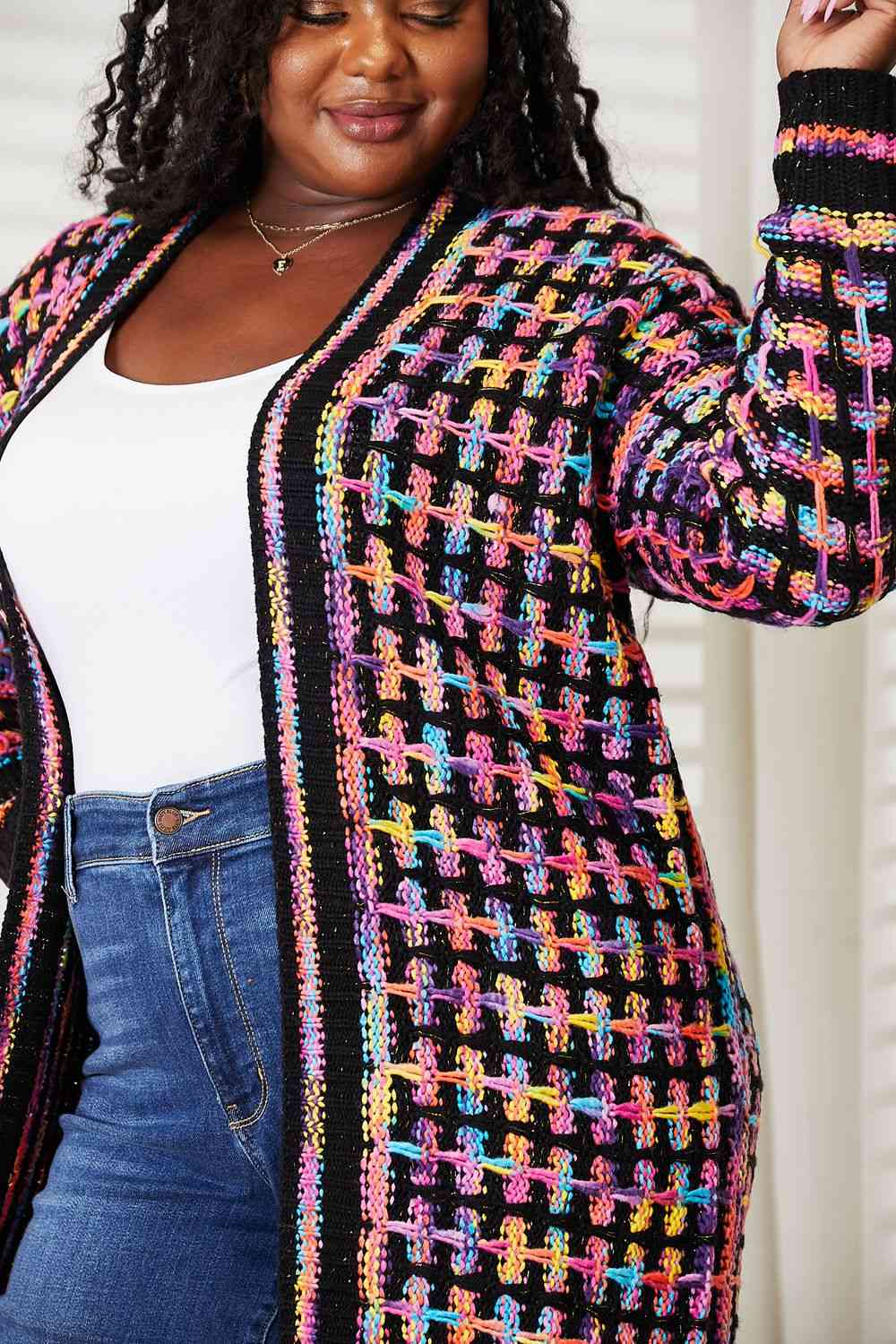 Double Take Full Size Multicolored Open Front Fringe Hem Cardigan - AngelMar Fashion