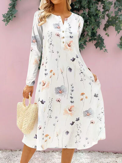 Floral Notched Long Sleeve Midi Dress - AngelMar Fashion