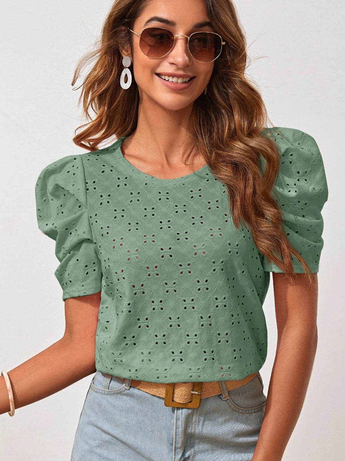 Eyelet Round Neck Puff Sleeve Blouse - AngelMar Fashion