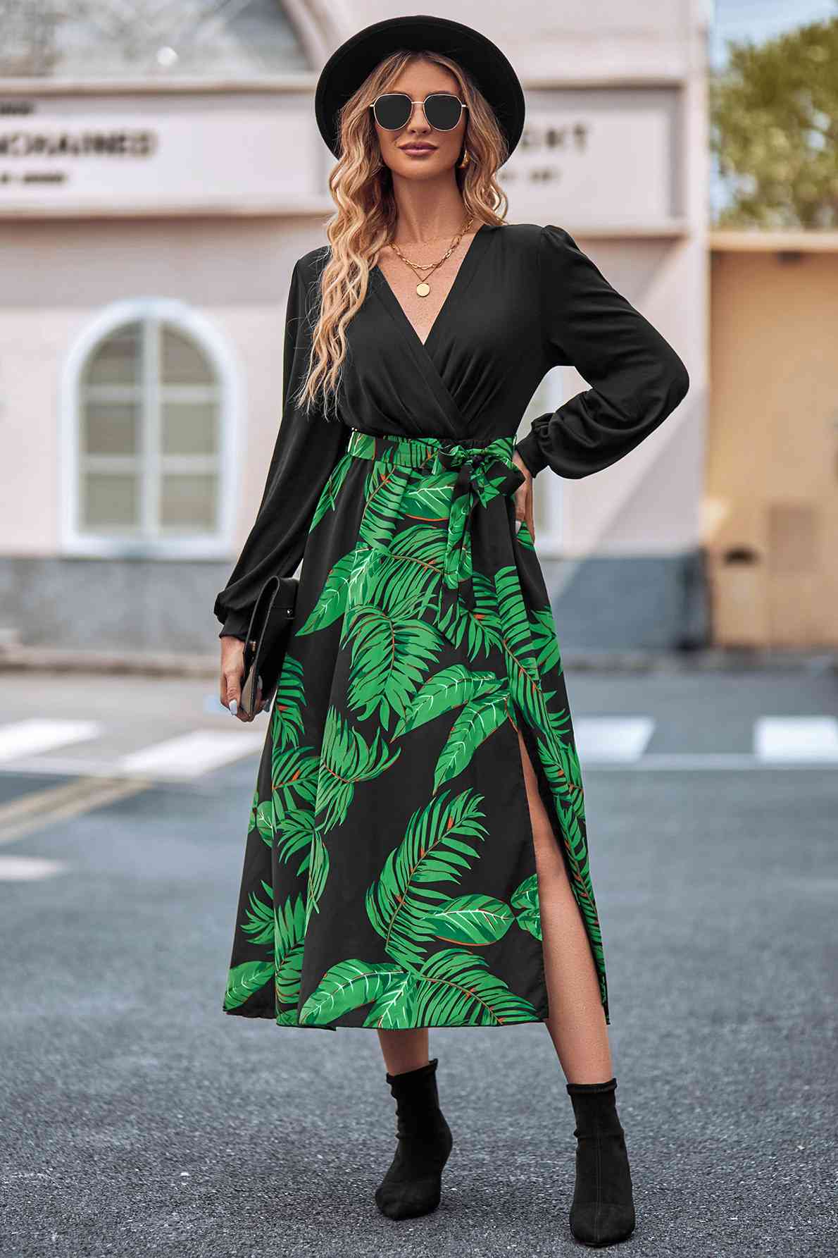 Printed Tie Waist Long Sleeve Dress - AngelMar Fashion