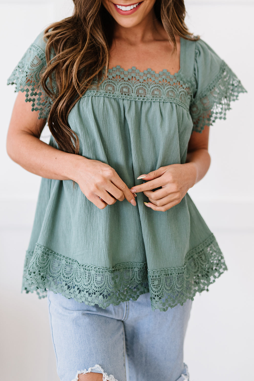 Lace Detail Square Neck Short Sleeve Blouse - AngelMar Fashion