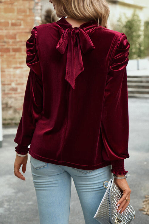 Tie Up Mock Neck Velvet Fabric Long Sleeve Blouse - AngelMar Fashion