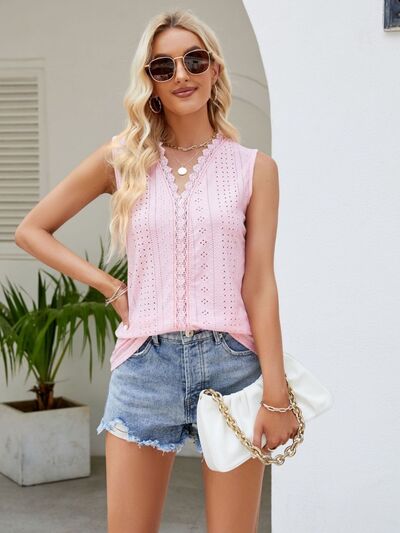 Eyelet Lace Detail V-Neck Tank - AngelMar Fashion