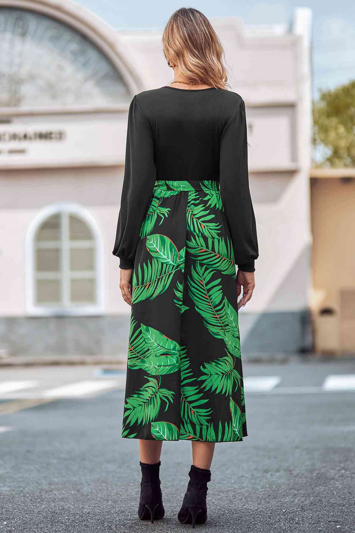 Printed Tie Waist Long Sleeve Dress - AngelMar Fashion