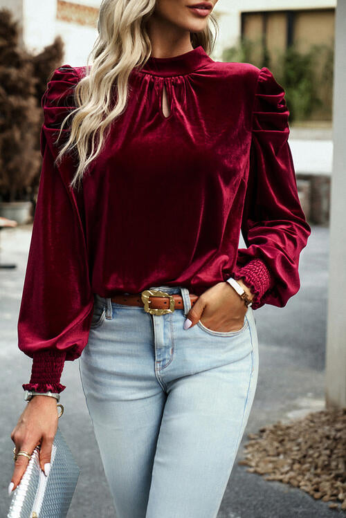 Tie Up Mock Neck Velvet Fabric Long Sleeve Blouse - AngelMar Fashion