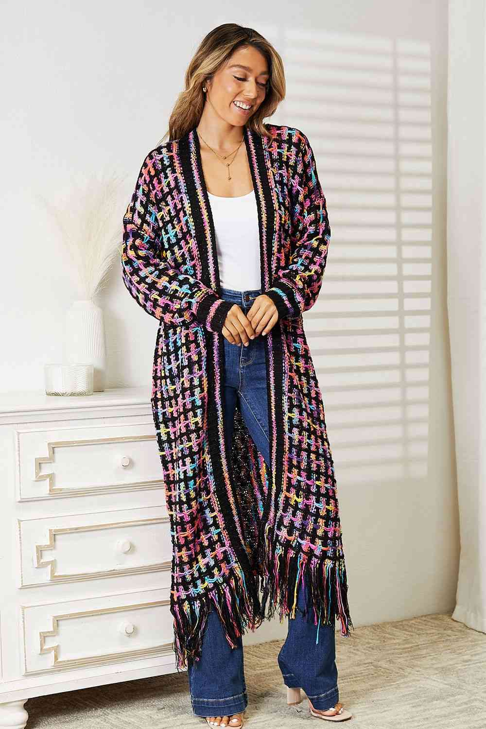 Double Take Full Size Multicolored Open Front Fringe Hem Cardigan - AngelMar Fashion