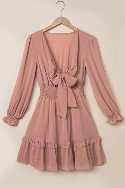 Tied Flounce Sleeve Mini Dress - AngelMar Fashion