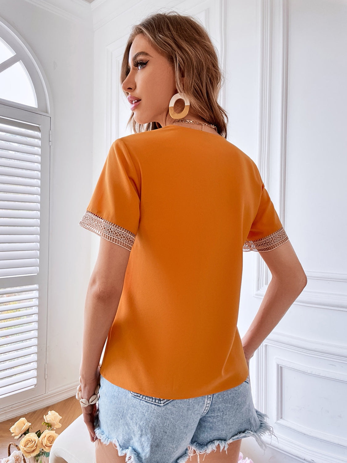 Eyelet V-Neck Short Sleeve T-Shirt - AngelMar Fashion