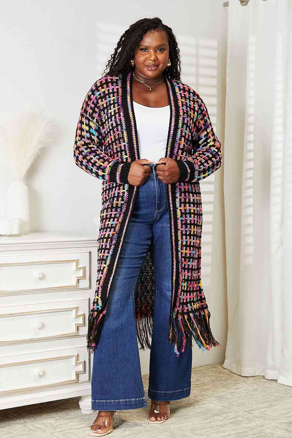 Double Take Full Size Multicolored Open Front Fringe Hem Cardigan - AngelMar Fashion