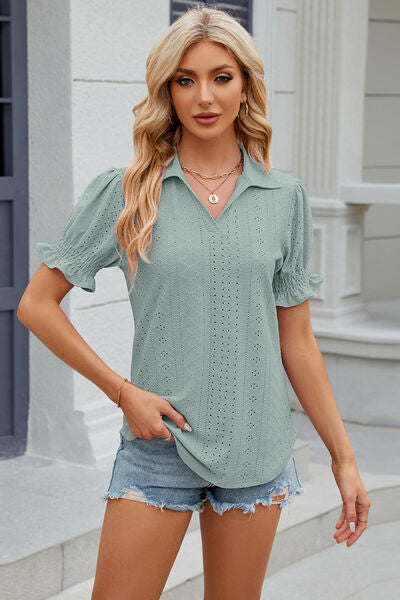 Eyelet Johnny Collar Short Sleeve Blouse - AngelMar Fashion