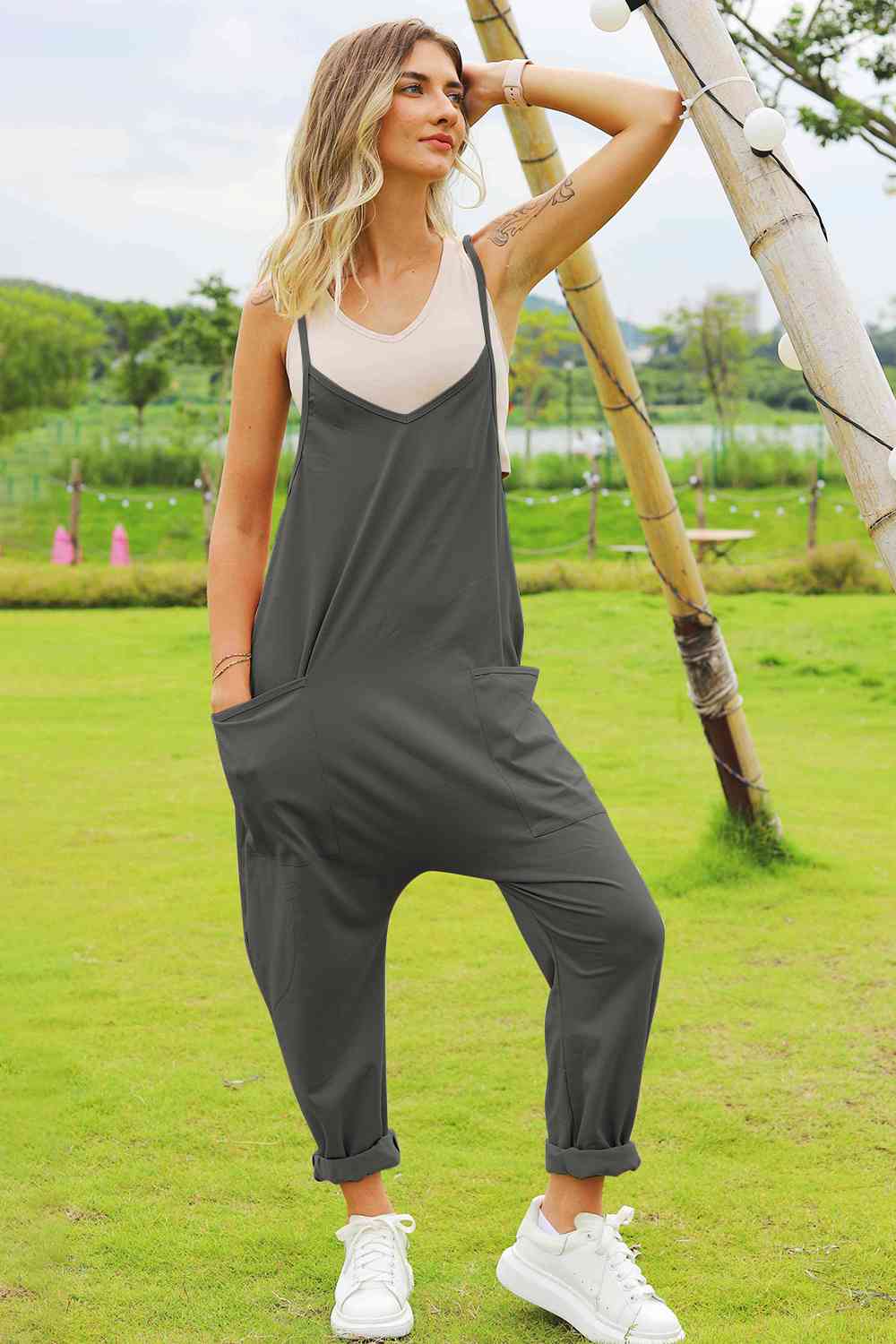 Double Take Full Size Sleeveless V-Neck Pocketed Jumpsuit - AngelMar Fashion