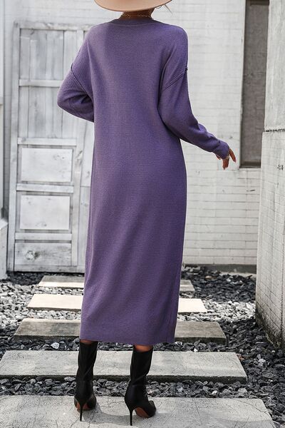 Decorative Button Notched Dropped Shoulder Sweater Dress - AngelMar Fashion