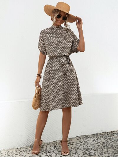 Tied Printed Mock Neck Short Sleeve Dress - AngelMar Fashion