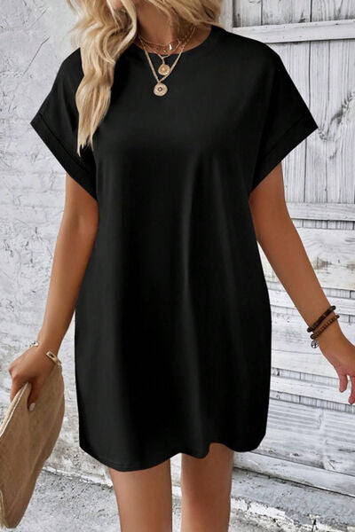 Pocketed Round Neck Short Sleeve Dress - AngelMar Fashion