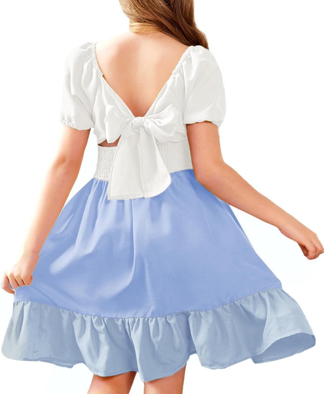 Arshiner Girls Tie Back Short Sleeve Ruffle Hem Off Shoulder Casual Elegant Dresses 4-12 Years