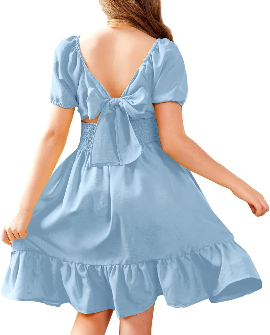 Arshiner Girls Tie Back Short Sleeve Ruffle Hem Off Shoulder Casual Elegant Dresses 4-12 Years