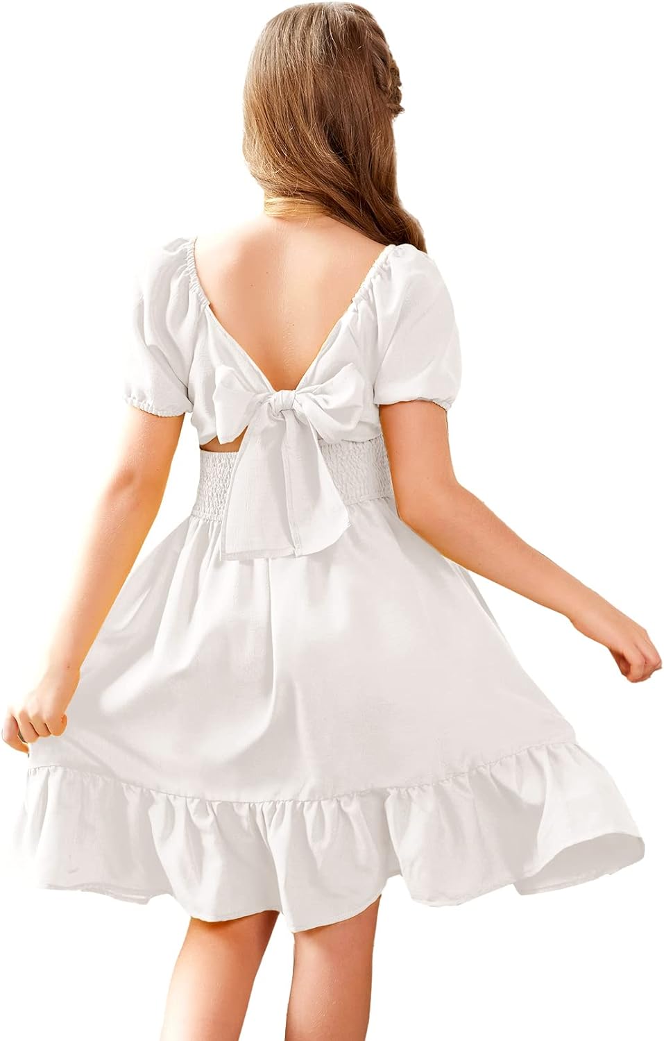 Arshiner Girls Tie Back Short Sleeve Ruffle Hem Off Shoulder Casual Elegant Dresses 4-12 Years