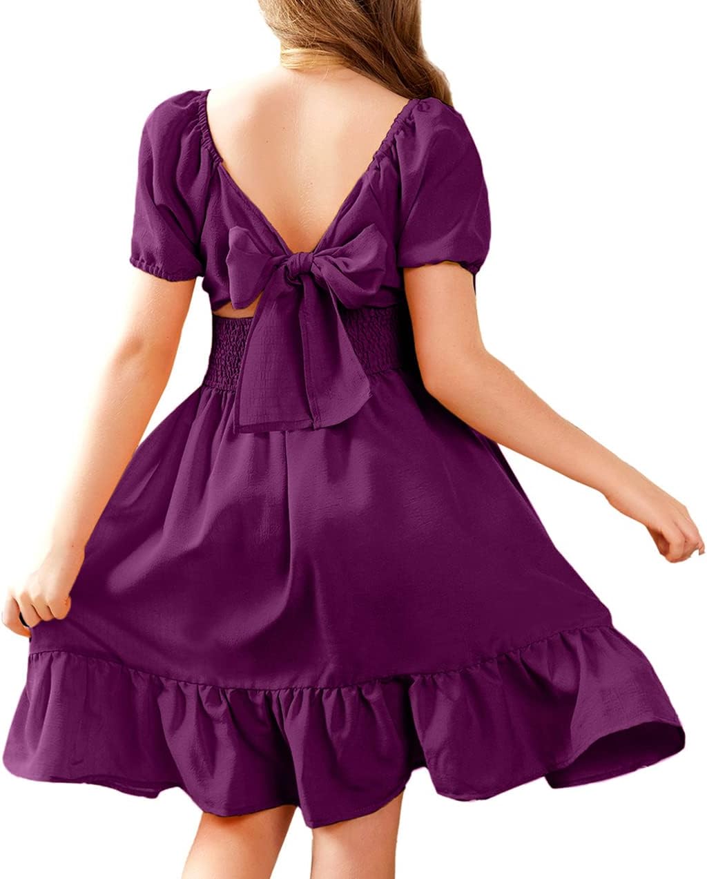 Arshiner Girls Tie Back Short Sleeve Ruffle Hem Off Shoulder Casual Elegant Dresses 4-12 Years