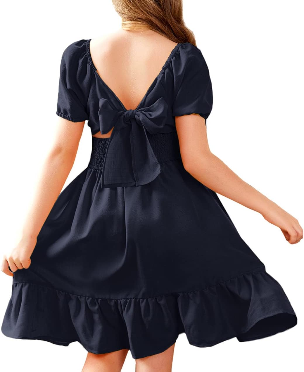 Arshiner Girls Tie Back Short Sleeve Ruffle Hem Off Shoulder Casual Elegant Dresses 4-12 Years