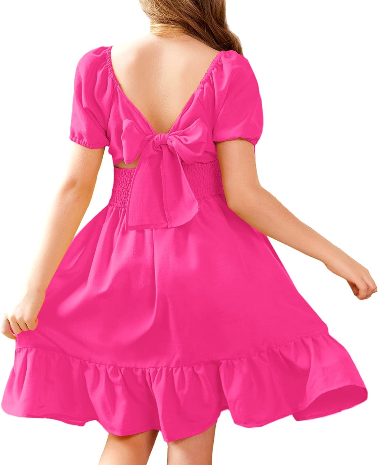 Arshiner Girls Tie Back Short Sleeve Ruffle Hem Off Shoulder Casual Elegant Dresses 4-12 Years