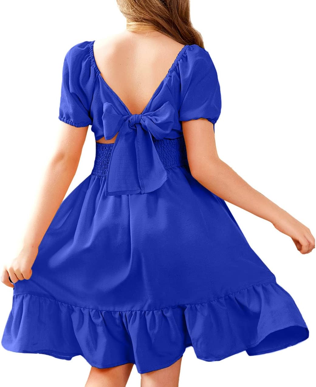 Arshiner Girls Tie Back Short Sleeve Ruffle Hem Off Shoulder Casual Elegant Dresses 4-12 Years