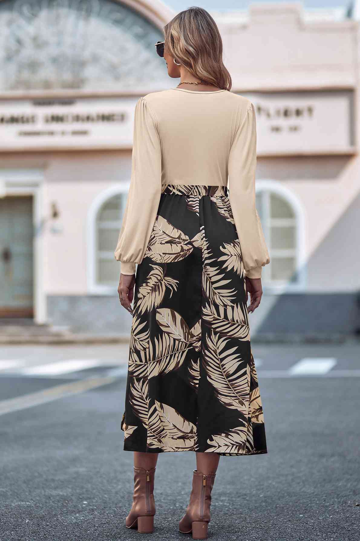 Printed Tie Waist Long Sleeve Dress - AngelMar Fashion