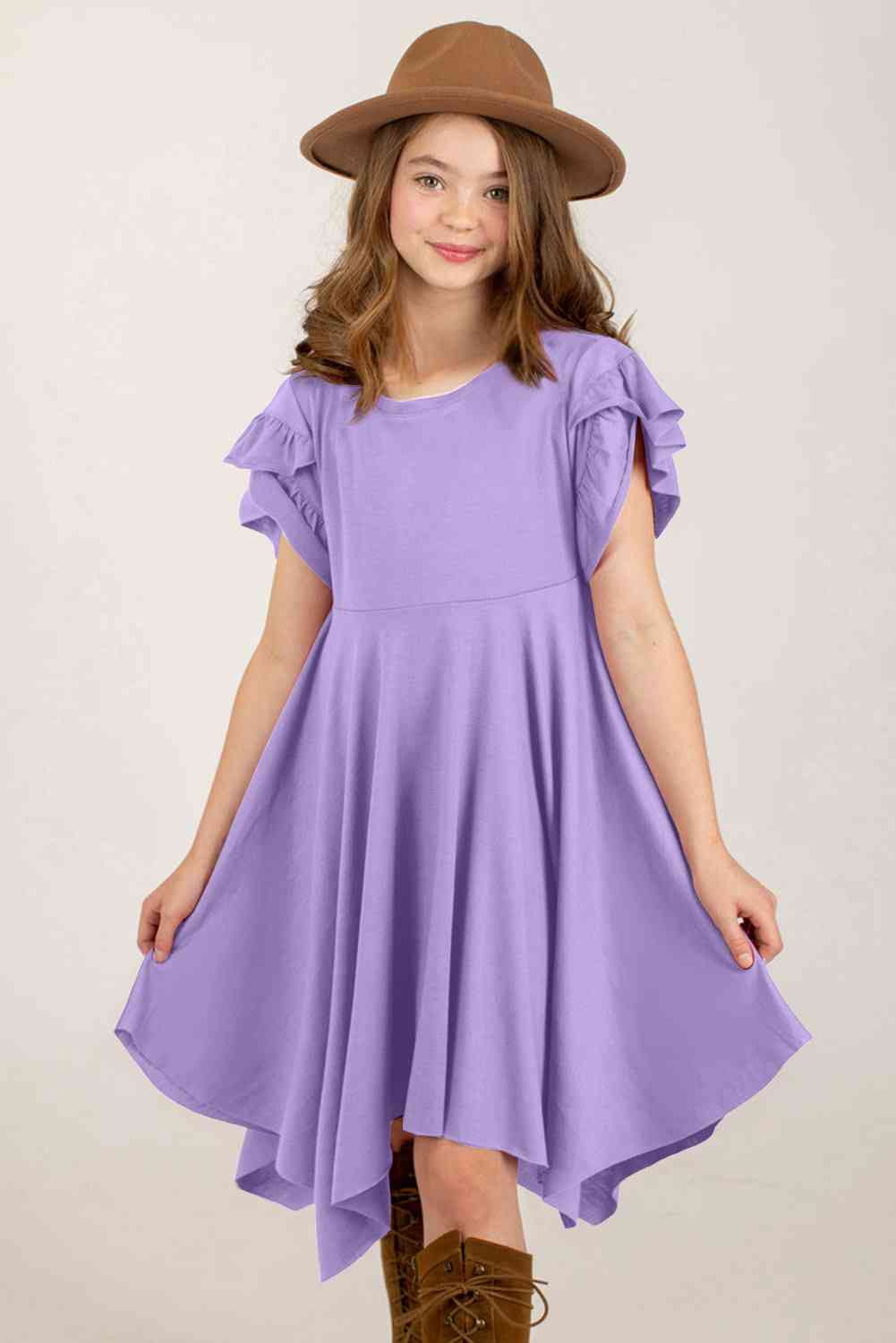 Round Neck Petal Sleeve Dress - AngelMar Fashion