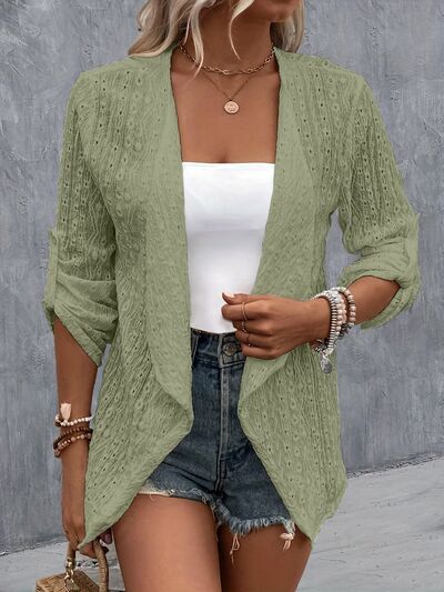 Eyelet Roll-Tab Sleeve Cardigan - AngelMar Fashion