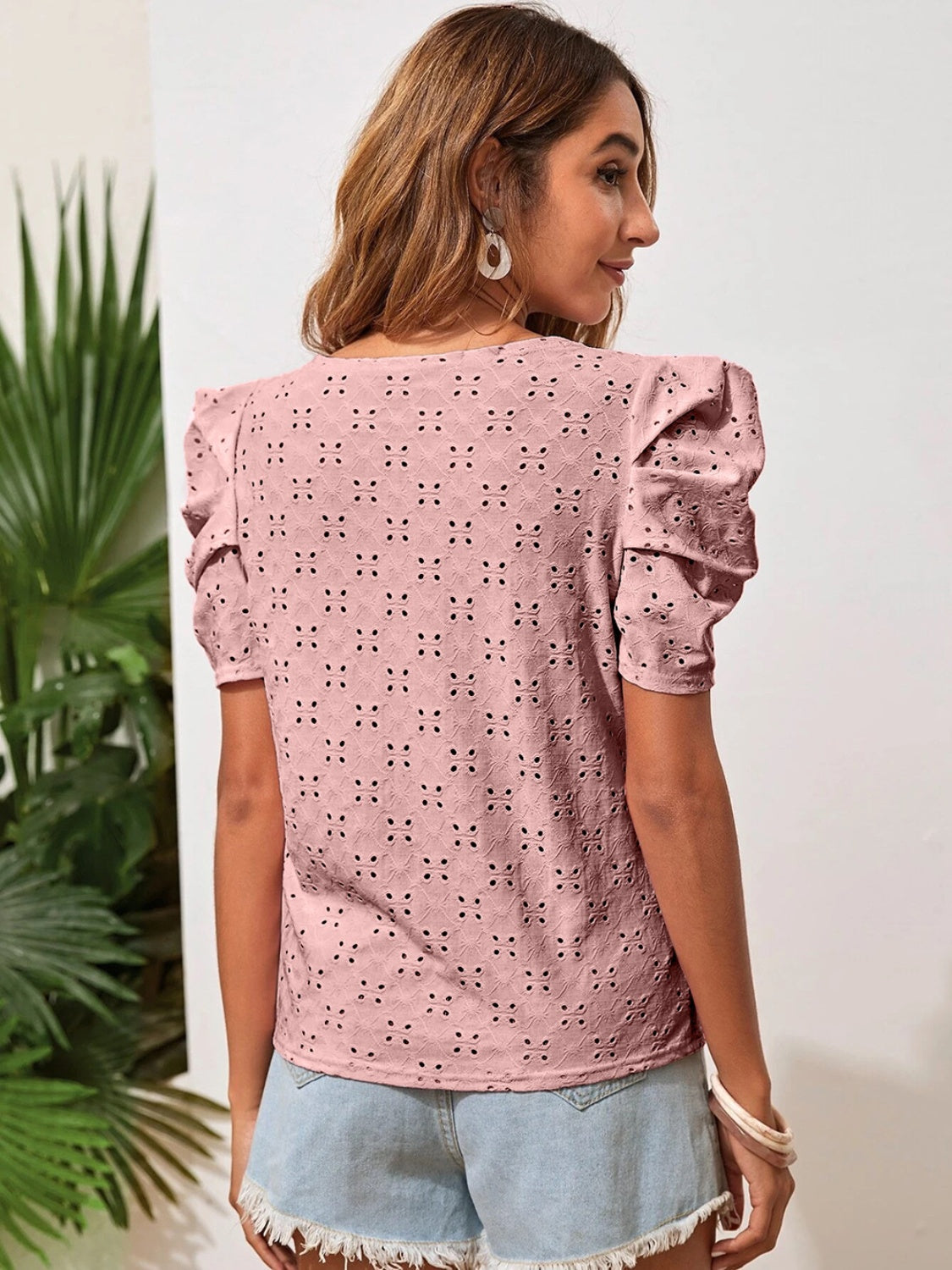 Eyelet Round Neck Puff Sleeve Blouse - AngelMar Fashion