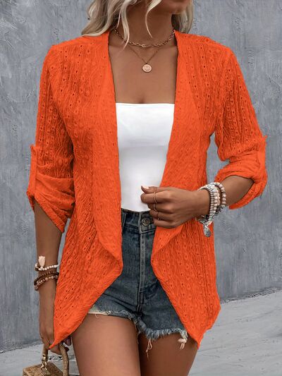 Eyelet Roll-Tab Sleeve Cardigan - AngelMar Fashion