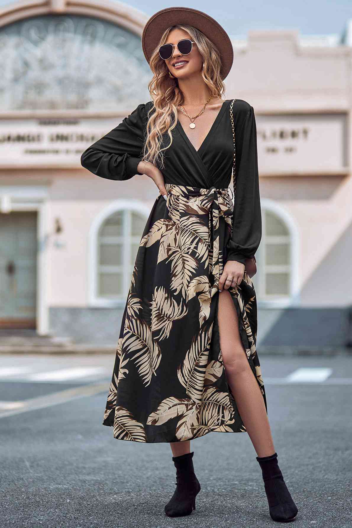 Printed Tie Waist Long Sleeve Dress - AngelMar Fashion