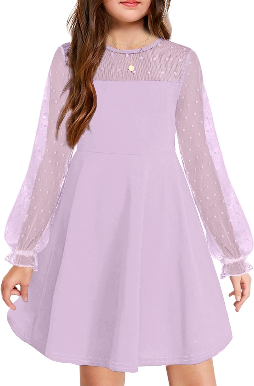 Arshiner Girl's Contrast Mesh Puff Long Sleeve High Waist A Line Short Dress with Pockets for 6-13 Years - AngelMar Fashion