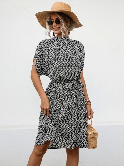 Tied Printed Mock Neck Short Sleeve Dress - AngelMar Fashion