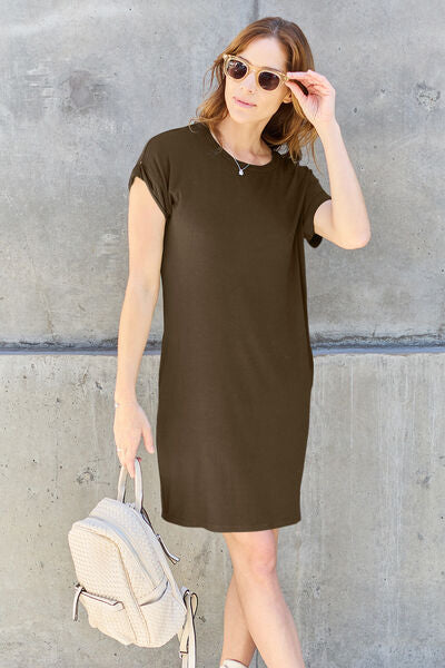 Basic Bae Full Size Round Neck Short Sleeve Dress with Pockets - AngelMar Fashion