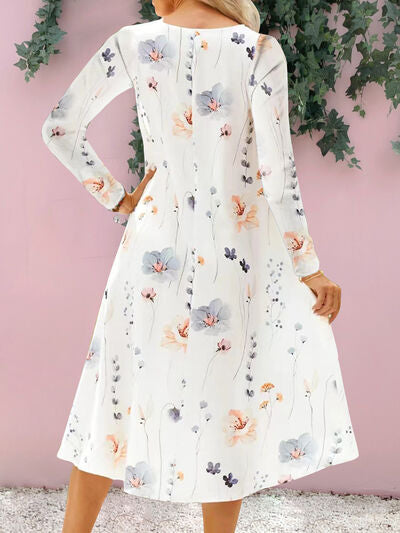 Floral Notched Long Sleeve Midi Dress - AngelMar Fashion