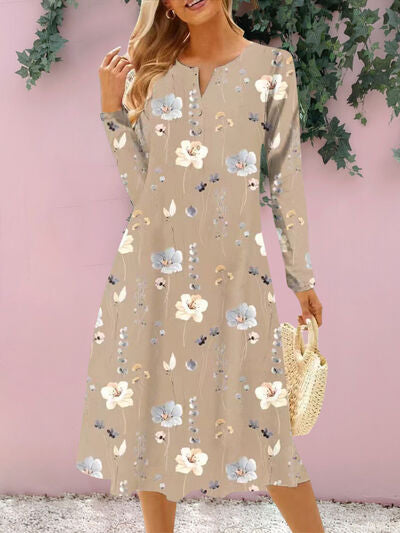 Floral Notched Long Sleeve Midi Dress - AngelMar Fashion