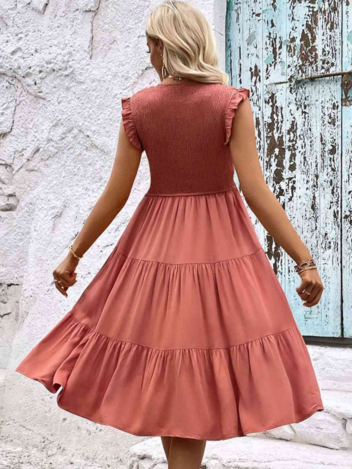 Smocked Round Neck Tiered Dress - AngelMar Fashion