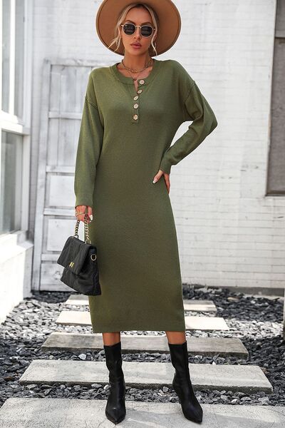 Decorative Button Notched Dropped Shoulder Sweater Dress - AngelMar Fashion