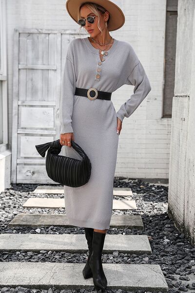 Decorative Button Notched Dropped Shoulder Sweater Dress - AngelMar Fashion