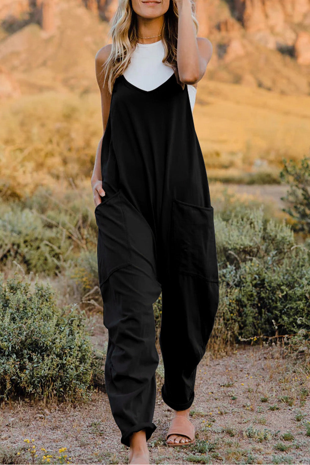 Double Take Full Size V-Neck Sleeveless Jumpsuit with Pockets - AngelMar Fashion