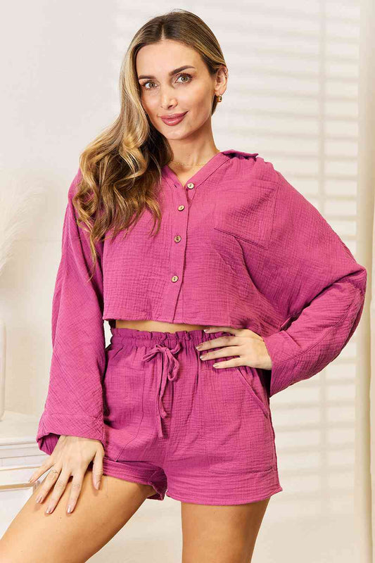 Basic Bae Buttoned Long Sleeve Top and Shorts Set - AngelMar Fashion