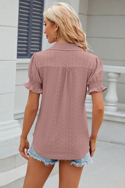 Eyelet Johnny Collar Short Sleeve Blouse - AngelMar Fashion